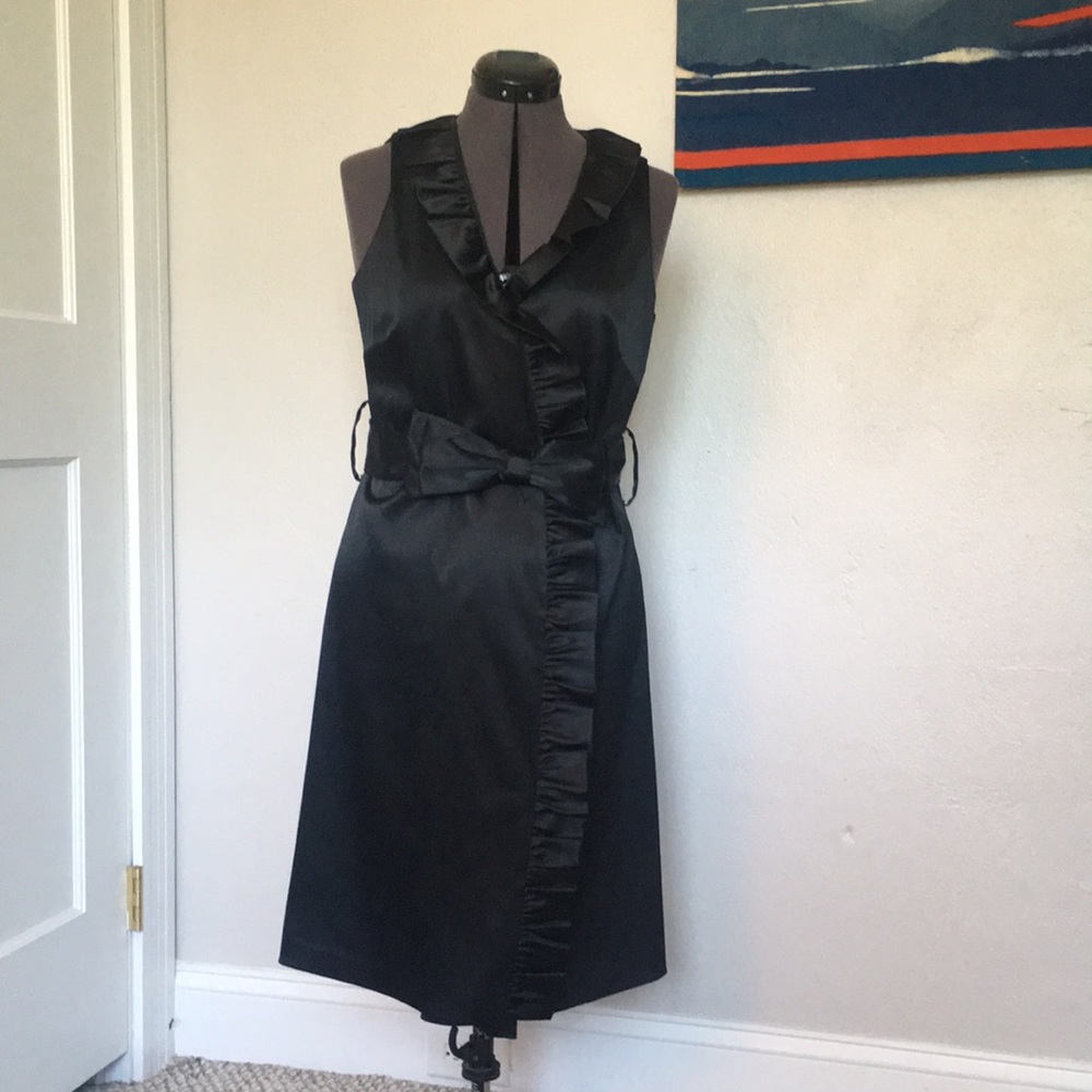 Black satin ruffle accent dress